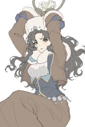  1girl arms_up black_hair bound bound_wrists brown_jacket brown_skirt commentary_request feet_out_of_frame flat_color fur_hat furrowed_brow gloves green_eyes hat highres jacket jajimalgeol korean_commentary long_hair long_skirt looking_at_viewer moldir_(reverse:1999) papakha reverse:1999 scarf sitting skirt solo sweat sweater tearing_up white_background white_gloves white_scarf white_sweater 