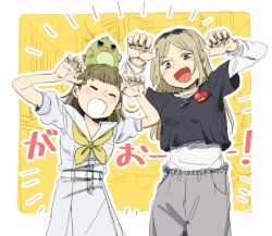  2girls 524ryo alt_text animal_on_head badge black_shirt border braid breast_pocket breasts brown_hair button_badge center-flap_bangs claw_pose commentary dress facing_viewer fang gonzales_(love_live!) grey_eyes grey_pants hasu_no_sora_school_uniform highres kachimachi_kosuzu layered_shirt layered_sleeves link!_like!_love_live! long_hair looking_at_viewer love_live! medium_breasts medium_dress multicolored_hair multiple_girls neckerchief on_head oomichi_hiromi open_mouth outline outside_border pants parted_bangs pleated_dress pocket puffy_short_sleeves puffy_sleeves roots_(hair) sailor_collar sailor_dress school_uniform shirt short_sleeves side_braids skin_fang stuffed_dinosaur summer_uniform v-shaped_eyebrows virtual_youtuber white_border white_dress white_outline white_sailor_collar white_shirt yellow_background yellow_neckerchief 