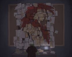  2boys averythemayo bulletin_board computer d3rlord3 dim_lighting floral_print laptop leaning_forward male_focus monster_boy multiple_boys onethirdo3 outstretched_arms painting_(object) paper searching_for_a_world_that_doesn't_exist slime_boy spread_arms too_many_papers 