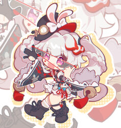  1girl bell bell_sleeves black_gloves black_hat braid chibi chibi_only chinese_commentary clothing_cutout commentary_request diamond_(shape) diamond_facial_mark facial_mark frilled_skirt frills gloves grey_hair hat hat_ornament heart heart_facial_mark highres honkai:_star_rail honkai_(series) long_hair long_sleeves multicolored_hair open_mouth pink_eyes plaid_clothes plaid_sleeves rabbit_hat_ornament red_hair red_rope rope seven_shower shoulder_cutout single_glove skirt socks solo sparkle_(honkai:_star_rail) sparxie_(honkai:_star_rail) streaked_hair twintails white_hair white_skirt white_socks wide_sleeves zoom_layer 