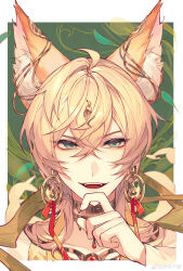  1boy :d absurdres ahoge alkaid_mcgrath alkaid_mcgrath_(myths_wonders) animal_ear_fluff animal_ears blonde_hair border chinese_commentary commentary_request crossed_bangs ear_covers earrings eyeliner falling_leaves fangs forehead_jewel fox_boy fox_ears fox_tail gem gold_collar gold_earrings green_background green_eyes hair_between_eyes hand_on_own_chin highres implied_extra_ears jewelry leaf long_sleeves looking_at_viewer lovebrush_chronicles makeup male_focus medium_hair multiple_tails outside_border portrait red_eyeliner red_gem red_ribbon ribbon ribbon_earrings robe smile solo tail v-shaped_eyebrows watermark weibo_watermark white_border yan_ge yellow_robe 
