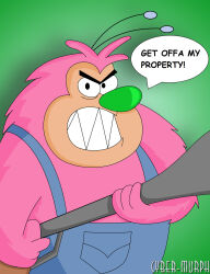  1boy angry antennae antique_firearm artist_name black_eyes blue_overalls blunderbuss commentary cyber-murph english_commentary english_text fat fuzzy_lumpkins green_background gun highres holding holding_gun holding_weapon looking_at_viewer male_focus overalls pink_fur powerpuff_girls sharp_teeth speech_bubble standing teeth toon_(style) upper_body weapon 