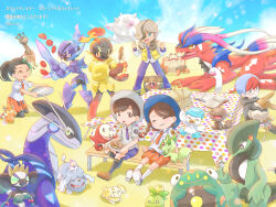  2boys 3girls :d ^_^ aqua_eyes armaroug arven_(pokemon) bellibolt black_hair black_pantyhose black_socks blue_fire blue_shoes blue_sky book braid breast_pocket brown_eyes brown_hair brown_shoes ceruledge cetitan clenched_hands closed_eyes closed_mouth clouds collared_shirt commentary_request cyclizar dark-skinned_female dark_skin dated day eyelashes farigiraf fidough fire flaming_eyes florian_(pokemon) food fuecoco gimmighoul gimmighoul_(roaming) grafaiai grass greavard green_hair grey_shirt grin hair_over_one_eye hat highres holding holding_food holding_tray juliana_(pokemon) klawf kneehighs kneeling koraidon lechonk legs_apart long_hair long_sleeves miraidon multicolored_hair multiple_boys multiple_girls naranja_academy_school_uniform necktie nemona_(pokemon) non-humanoid_robot o_o open_book open_clothes open_mouth open_vest orange_eyes orange_shorts outdoors paldean_wooper pants pantyhose pawmi picnic_basket picnic_table plate pocket pokemon pokemon_(creature) pokemon_sv purple_necktie purple_pants purple_shorts quaxly robot samsung_(yuzuikka) sandwich scarlet_book_(pokemon) school_uniform shirt shoes short_hair short_sleeves shorts side_braid single_braid sititng sky slicing smile smoliv socks sprigatito standing striped_clothes striped_shorts submarine_sandwich table tomato tomato_slice translation_request tray two-tone_hair uva_academy_school_uniform vertical-striped_clothes vertical-striped_shorts vest violet_book_(pokemon) wavy_mouth white_shirt white_socks wide_brim wiglett yellow_vest 