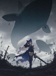  1girl absurdres arknights arm_cuffs ascot bare_shoulders black_ascot black_chaps black_gloves black_pants black_shirt brush_stroke chaps clothing_cutout clouds cloudy_sky commentary cross day detached_sleeves dirt dust film_grain fisheye floating floating_animal floating_hair flying_whale from_below full_body gloves grey_hair grey_skirt hair_between_eyes hat highres holding holding_sword holding_weapon long_hair low-tied_long_hair orca outdoors pants red_eyes reitro scenery shirt skadi_(arknights) skadi_(elite_ii)_(arknights) skirt sky sword thigh_cutout tombstone very_long_hair walking weapon whale 