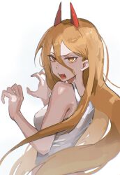  1girl blonde_hair chainsaw_man cross-shaped_pupils demon_girl demon_horns hair_between_eyes highres horns long_hair long_hair_between_eyes looking_at_viewer open_mouth power_(chainsaw_man) red_horns ringed_eyes sakuranuts00 sharp_teeth solo symbol-shaped_pupils tank_top teeth white_background white_tank_top yellow_eyes 