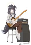  1girl absurdres alternate_costume animal_ears black_hair blue_archive blush casual closed_mouth dog_ears dog_girl dog_tail electric_guitar full_body guitar halo hibiki_(blue_archive) highres holding holding_instrument hood hoodie instrument long_hair looking_at_viewer marks_(dmhunsu10) music playing_instrument shoes simple_background smile sneakers solo tail white_background 