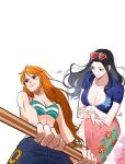  2girls archived_source bad_id bad_twitter_id black_hair blue_jacket cropped_jacket eyewear_on_head flower highres holding holding_stick jacket joman korean_commentary log_pose long_hair looking_to_the_side multiple_girls nami_(one_piece) nico_robin one_piece orange_hair pants pink_flower pink_rose pink_sarong rose sarong seseasl sidelocks simple_background smile stick swimsuit white_background 