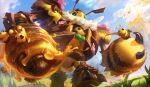  absurdres bee bee_wings beezcrank blitzcrank blue_sky bug clouds flower grass highres honey league_of_legends mountain official_alternate_costume official_art outdoors pink_flower robot sky solo standing tree 