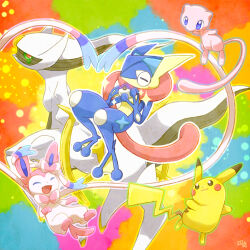  :3 =_= arceus blue_eyes closed_eyes closed_mouth colored_sclera commentary_request fang green_sclera greninja holding holding_poke_ball long_tongue master_ball mew_(pokemon) open_mouth pikachu poke_ball pokemon pokemon_(creature) pokemon_focus red_eyes samsung_(yuzuikka) smile sparkle sylveon tongue very_long_tongue 