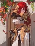  1girl absurdres armor breasts cowboy_shot dress faulds gloves hair_between_eyes hand_in_own_hair highres holding holding_sword holding_weapon large_breasts leaf long_hair o-ring_strap ori_dal original pauldrons red_eyes redhead shoulder_armor solo strap sword weapon white_dress wooden_door 