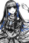  1girl absurdres crying crying_with_eyes_open dress earrings flower hair_flower hair_ornament highres jewelry long_hair long_sleeves mechanical_hands mechanical_parts monochrome parted_lips punishing:_gray_raven selena:_tempest_(punishing:_gray_raven) selena_(punishing:_gray_raven) shiokaze1409 spot_color tears triangle_earrings 