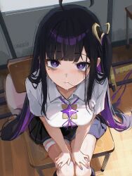  1girl ahoge bags_under_eyes bandages black_hair black_skirt blood blunt_bangs chair chitose_(stella_sora) closed_mouth commentary crying crying_with_eyes_open danraz0r eyebrows_visible_through_hair from_above hair_in_mouth hand_on_own_thigh hands_on_legs hands_on_own_legs hands_on_own_thighs hands_on_thighs highres katana lips looking_at_viewer looking_up multicolored_hair purple_eyes purple_hair purple_nails purple_ribbon ribbon shirt sitting skirt solo stella_sora sword violet_eyes weapon wet white_shirt 