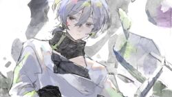  1boy arrow_print black_shirt closed_mouth debris hair_between_eyes headphones highres kagerou_project konoha_(kagerou_project) layered_clothes long_sleeves male_focus mo011010 neck_warmer pink_eyes ponytail rubble ruins shirt short_hair short_ponytail simple_background solo upper_body white_background white_hair white_shirt 