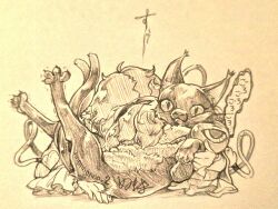  1girl animal_focus cat commentary_request covered_face hairband kaenbyou_rin kaenbyou_rin_(cat) komeiji_satori menotama monochrome on_floor petting sepia short_hair smelling translation_request 