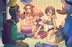  aerith_gainsborough anniversary bandana bare_shoulders belt birthday_cake black_hair black_jacket black_pantyhose black_shoes blue_belt blue_eyes blue_hat blue_jacket box braid braided_ponytail breasts brown_belt brown_hair buck_teeth cake choker closed_mouth crop_top cropped_jacket crossed_arms crossed_belts dog_boy donald_duck dress duck_boy final_fantasy final_fantasy_vii final_fantasy_viii fingerless_gloves food gift gift_box gloves goofy green_bandana green_eyes green_shirt green_sweater grey_eyes hair_ribbon hands_on_another's_shoulder hat headband highres holding holding_box holding_gift indian_style indoors jacket kingdom_hearts kneeling light_blush loose_belt medium_breasts medium_hair midriff official_alternate_costume open_mouth pants pantyhose parted_bangs pink_dress purple_belt red_ribbon red_romper ribbed_sweater ribbon ribbon_choker romper scarf shirt shoes short_hair short_shorts short_sleeves shorts sidelocks single_braid single_fishnet_armwear sitting sleeveless sleeveless_dress smile sora_(kingdom_hearts) spaghetti_strap spiky_hair squall_leonhart strawberry_cake sweater teeth thigh-highs turtleneck turtleneck_sweater vest white_gloves white_shirt white_thighhighs wreckedpolygon yellow_gloves yellow_hat yellow_pants yellow_scarf yellow_shoes yellow_shorts yuffie_kisaragi 