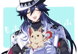  1boy animal arm_belt ashveil_(honkai:_star_rail) closed_eyes commentary cutoffs dog earrings gloves hair_between_eyes honkai:_star_rail honkai_(series) jacket jewelry lapel_pin long_hair male_focus necklace open_clothes open_jacket peppy_(honkai:_star_rail) pointy_ears prosthesis ring sencha811 single_earring single_glove teeth turtleneck two-tone_background untranslatable_commentary upper_body upper_teeth_only white_fur 