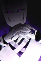  1boy alternate_universe bald black_background chinese_commentary chromatic_aberration closed_mouth colored_sclera commentary_request fangs film_grain from_below greyscale_with_colored_background hanbaobaobaozhu hands_up highres interlocked_fingers long_sleeves looking_at_viewer looking_down male_focus own_hands_clasped own_hands_together purple_background scar_across_eyes simple_background skeleton skin_fangs smile solo spot_color sweater turtleneck turtleneck_sweater two-tone_background underlighting undertale upper_body utdr_(toby_fox) violet_eyes w.d._gaster xtale 