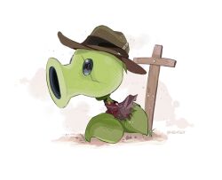  artist_name black_eyes brown_hat chinese_commentary commentary_request cowboy_hat crack cross dirt film_grain from_side halftone hat hightguy leaf leaning_forward looking_ahead no_humans open_mouth peashooter_(plants_vs._zombies) plant plant_focus plants_vs._zombies red_scarf scarf solid_oval_eyes solo sprout 