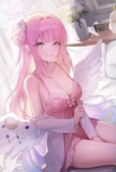  1girl :d absurdres babydoll bed blue_archive blurry breasts depth_of_field hair_bun hair_ornament hair_scrunchie halo highres indoors loloco long_hair long_sleeves looking_at_viewer medium_breasts mika_(blue_archive) nightgown open_clothes pajamas partially_undressed pillow pink_babydoll pink_hair pink_halo scrunchie sitting smile thighs vase white_wings wing_ornament wings yellow_eyes 