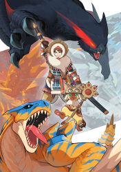  1girl :3 absurdres akantor animal_hat argyle_clothes arm_guards armband belt black_claws black_fur black_scales black_sclera blue_eyes boots bright_pupils brown_boots brown_eyes brown_hair brown_mittens cat_hat claws cleats coat colored_sclera commentary_request dragon eye_trail fanny_pack felyne fighting_stance furry goggles goggles_on_headwear green_eyes hat hat_flaps highres holding holding_weapon hood hooded_coat leather_(palico_armor) legs_apart light_trail mafumofu_(armor) mittens monster_hunter_(character) monster_hunter_(series) monster_hunter_portable_2nd_g multicolored_fur nargacuga necowantaro ootachi open_mouth orange_scales paw_print player_palico poncho ready_to_draw saliva saliva_trail scabbard sharp_teeth sheath sheathed slit_pupils smile standing standing_on_one_leg straight-on sweat sweatdrop sword sword_on_back tabard teeth tigrex ukanlos weapon weapon_on_back winter_clothes winter_coat wyvern yellow_eyes 