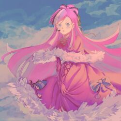 1girl alternate_costume bow cookie_run cookie_run:_ovenbreak dress female headset long_hair multicolored_hair pink_hair shining_glitter_cookie third-party_source