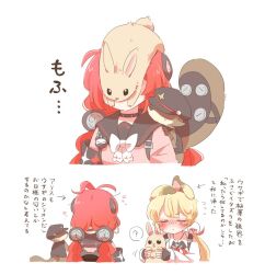  2girls ? alice_thymefield animal animal_ear_fluff animal_ears animal_on_back animal_on_head arrow_(symbol) black_gloves black_sailor_collar blonde_hair blush braid braided_twintails cardigan chest_bow closed_eyes closed_mouth commentary_request fingerless_gloves flying_sweatdrops gloves hair_ornament hearing_aid holding holding_animal holding_rabbit kamanosuke_(zenless_zone_zero) long_hair low_twintails motion_lines multiple_girls on_head pink_cardigan rabbit rabbit_ears rabbit_girl rabbit_on_head raccoon rebecca_(keinelove) red_hair sailor_collar shirt simple_background sphere_hair_ornament spoken_question_mark tanuki translation_request twintails ukinami_yuzuha white_background white_shirt zenless_zone_zero 