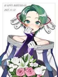  1girl bare_shoulders blush bouquet commentary_request curtained_hair dated earrings eyelashes floating_headgear flower gloves gnosia green_eyes green_hair hand_up hands_up happy_birthday headgear highres hjm_gn jacket jewelry lily_(flower) looking_at_viewer mole mole_under_eye off-shoulder_jacket off_shoulder open_mouth pink_flower pov purple_sleeves short_hair solo stella_(gnosia) surprised upper_body white_flower white_gloves white_jacket wide-eyed 