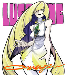  1girl bare_shoulders blonde_hair breasts character_name commentary diamond_(shape) dress gem green_eyes hair_over_one_eye highres long_hair looking_at_viewer lusamine_(pokemon) mature_female open_mouth pokemon pokemon_sm signature simple_background sleeveless sleeveless_dress solo user_ycjp4222 very_long_hair white_dress 