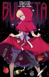  1girl ammunition apple apron b.b._hood back_bow blonde_hair bloomers blue_eyes bomb bottle bow bug bullet butterfly candy capelet clothes_lift commentary copyright_name darkstalkers dress dress_lift english_commentary english_text evil_grin evil_smile explosive fake_food feet_out_of_frame food frilled_apron frills from_behind fruit grenade grin gun highres holding_own_skirt hood hood_up hooded_capelet its_just_suppi knife lifting_own_clothes lollipop looking_at_viewer looking_back missile molotov_cocktail mouth_hold multiple_weapons night red_capelet red_dress red_hood sharp_teeth shell_casing short_hair skirt skirt_basket skirt_lift sky smile solo standing star_(sky) starry_sky submachine_gun teeth too_many_weapons tree underwear weapon white_apron white_bloomers white_bow wine_bottle 