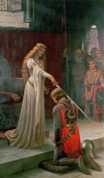  1girl 6+boys absurdres armor banner beard brown_hair ceremony chainmail crown dress edmund_blair_leighton facial_hair full_body gold_trim helmet highres holding holding_sword holding_weapon indoors kneeling knight long_hair looking_at_another monk multiple_boys painting_(medium) shield stained_glass sword the_accolade throne traditional_media unworn_headwear unworn_helmet weapon 