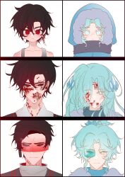  2boys :| ;( absurdres age_progression androgynous aqua-tinted_eyewear aqua_eyes aqua_sweater bare_shoulders black_border black_hair black_jacket black_sclera black_shirt blood blood_from_eyes blood_from_forehead blood_from_mouth blood_from_neck blood_on_face blood_on_neck blue_eyes blue_hair blue_jacket blue_sweater border child chinese_commentary closed_mouth clothes_writing collarbone collared_shirt colored_eyelashes colored_sclera commentary_request contrast_collar cracked_skin curtained_hair diamond_hair_ornament doom-shroom_(plants_vs._zombies) double-parted_bangs earrings english_text expressionless eyes_visible_through_hair frown fur-trimmed_jacket fur_trim furrowed_brow grey_scarf grey_sweater grey_tank_top hair_behind_ear hair_between_eyes hair_bun heterochromia highres hood hood_down hood_up ice-shroom_(plants_vs._zombies) inverted_eyelashes jacket jewelry long_hair looking_at_viewer male_focus multiple_boys no_pupils nosebleed one_eye_closed personification plants_vs._zombies portrait red-tinted_eyewear red_eyes scarf shirt short_hair siiiiiiiiiii simple_background single_earring single_hair_bun straight-on sweater tank_top tareme thick_eyebrows tinted_eyewear turtleneck turtleneck_sweater very_short_hair white_background 