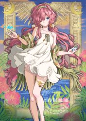  1girl absurdres bare_shoulders blue_eyes blue_sky border bottle capelet closed_mouth clouds commentary_request commission crescent dress feet_out_of_frame flower green_capelet green_hairband hair_over_one_eye hairband hands_up highres holding holding_bottle kana06hiro looking_at_viewer low_twintails official_alternate_costume one_eye_covered ornate_border plant red_flower red_hair reverse:1999 short_dress skeb_commission sky solo spaghetti_strap standing twintails water watermark white_dress yenisei_(around_the_riverbend)_(reverse:1999) yenisei_(reverse:1999) 