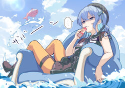  ... 1girl apple_juice bird blue_hair blue_sky brat_(brabrabrat00) chair clouds cloudy_sky commentary_request day drink_carton drinking drinking_straw fish floating flock from_below from_side frown full_body hat hololive hoshimachi_suisei hoshimachi_suisei_(casual) juice juice_box o-ring o-ring_thigh_strap ocean official_alternate_costume on_chair outdoors seagull sky sound_effects speech_bubble spoken_ellipsis sunlight thigh_strap unhappy virtual_youtuber water waves 