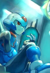  1boy armor blue_armor blue_helmet commentary_request copy_x_(mega_man) forehead_jewel helmet highres indoors male_focus maro_maronomaro mega_man_(series) mega_man_zero_(series) red_eyes sitting solo_focus 