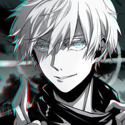  1boy blue_eyes choppy_bangs chromatic_aberration commentary crossed_fingers gojo_satoru hair_between_eyes hands_up jujutsu_kaisen looking_at_viewer male_focus monochrome parted_lips philosophia portrait short_hair smile solo spot_color 