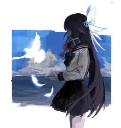  1girl beak bird bird_wings black_hair black_skirt blue_bow blue_headdress blue_sky blunt_bangs border bow chest_belt closed_eyes clouds cloudy_sky columbina_(genshin_impact) commentary covered_mouth cowboy_shot day feathered_wings flying from_side genshin_impact gradient_hair hair_ornament hair_tubes hands_up head_wings headdress hina_taira long_hair long_sleeves miniskirt multicolored_hair multiple_wings ocean outdoors outside_border pigeon pleated_skirt puffy_long_sleeves puffy_sleeves purple_hair sailor_collar school_uniform serafuku shirt sidelocks skirt sky solo standing two-tone_hair untranslatable_commentary white_border white_shirt wings x_hair_ornament 