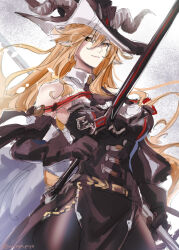 animal_ears arknights ascot black_ascot black_dress black_hat commentary_request degenbrecher_(arknights) degenbrecher_(the_shadow_of_the_dark_moon)_(arknights) dress goat_ears goat_girl goat_horns hat highres holding holding_staff horns horns_through_headwear large_hat misago_piyo official_alternate_costume one-hour_drawing_challenge sketch staff two-sided_fabric two-sided_headwear witch_hat 