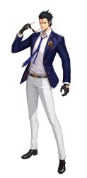  1boy absurdres belt black_belt black_eyes black_gloves black_hair black_shoes blue_jacket blue_necktie collared_shirt full_body gloves highres holding holding_removed_eyewear jacket looking_at_viewer necktie official_alternate_costume official_art pants shirt shoes simple_background solo solo_leveling solo_leveling:_arise tachi-e transparent_background unworn_eyewear white_jacket white_pants woo_jin-chul 