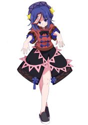  1girl absurdres baba_(baba_seimaijo) black_bow black_bowtie black_shoes black_skirt blush bow bowtie commentary_request full_body grin hat hat_ornament highres jiangshi looking_at_viewer miyako_yoshika outstretched_arms purple_hair purple_hat red_shirt shirt shoes short_sleeves simple_background skirt smile solo star_(symbol) star_hat_ornament touhou violet_eyes white_background zombie_pose 