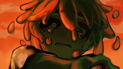  1boy alien_stage averythemayo colored_skin commentary derivative_work english_commentary green_skin highres kkocanatnat male_focus monster_boy orange_sky scene_reference searching_for_a_world_that_doesn't_exist sky slime_boy solo 