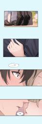  1boy 1girl absurdres asuna_(blue_archive) black_shoes blue_archive blush commentary fingernails hetero highres implied_kiss junu_(jwoo5627) loafers nail_polish sensei_(blue_archive) shoes speech_bubble sweatdrop tiptoes translated wide-eyed 