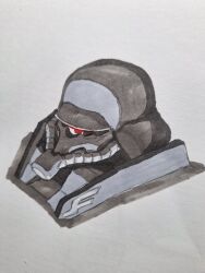  aron_e combat_helmet cyclops geara_zulu gundam gundam_unicorn helmet highres insignia mecha mecha_focus mobile_suit mobile_suit_gundam neo_zeon no_humans one-eyed painting_(medium) portrait red_eyes robot science_fiction stahlhelm traditional_media watercolor_(medium) white_background zeon 
