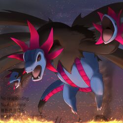  absurdres black_sclera colored_sclera commentary_request dragon fangs fire highres hydreigon multiple_heads night no_humans open_mouth pokemon pokemon_(creature) pokemon_focus shu_oda sky smoke solo violet_eyes wings 