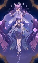  1boy 1girl absurdly_long_hair absurdres anemo_symbol_(genshin_impact) aqua_gem armor arms_at_sides artist_name bare_shoulders behind_another belt black_belt black_bodysuit black_bow black_hair black_nails black_sandals black_shorts blue_cape blue_kimono blunt_ends blunt_tresses bodysuit border bow bridal_gauntlets bright_pupils cape center-flap_bangs choppy_bangs clenched_hand closed_eyes closed_mouth clothing_cutout collarbone colored_inner_hair columbina_(genshin_impact) commentary covered_collarbone dress english_commentary eyelashes eyeshadow facing_another feathered_wings feathers fingernails floating full_body furisode gears gem genshin_impact glint gold gold_border gold_ring gold_trim grey_bridal_gauntlets hair_ornament hair_ribbon hair_tubes hakama hakama_shorts half-closed_eyes hand_on_own_hip hand_up head_wings highres hip_vent japanese_armor japanese_clothes juban kimono kote kurokote lacycoffinn layered_dress leg_warmers levitation long_hair looking_at_viewer makeup mandarin_collar midair middle_ring mole mole_under_eye moon_phases multicolored_hair multiple_wings off_shoulder open_clothes open_hands open_kimono ornate_border outdoors pearl_(gemstone) pink_eyeshadow pink_hair pink_nails pleated_shorts pom_pom_(clothes) purple_dress purple_rope purple_sash purple_sky ribbon rope sandals sash scaramouche_(genshin_impact) short_sleeves shorts side_cape sky smile star_(sky) starry_sky straight-on tassel toeless_legwear toes tress_ribbon very_long_hair vision_(genshin_impact) wanderer_(genshin_impact) white_dress white_kimono white_leg_warmers white_pupils white_ribbon white_sleeves white_wings wing_hair_ornament wing_ornament wings yellow_feathers zouri 