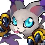  animal_ears artist_name blue_eyes cat_ears claws digimon digimon_(creature) gloves looking_at_viewer no_humans simple_background sinobali solo tail tailmon tongue tongue_out watermark white_background 