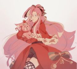 1girl alternate_costume bow-shaped_hair candy_cane christmas dress female headset long_hair multicolored_hair pink_hair shining_glitter_cookie smile third-party_source