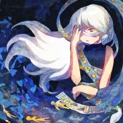  1girl bare_shoulders black_dress bright_pupils commentary dress floating_hair hand_on_own_face hand_up long_hair looking_to_the_side parted_lips red_eyes retrochaossan sleeveless sleeveless_dress solo touhou turtleneck turtleneck_dress white_hair white_pupils yuiman_asama 