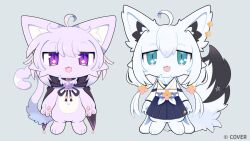  2girls ahoge animal_collar animal_ear_fluff animal_ear_piercing animal_ears animal_feet animal_focus animal_hands aqua_eyes bayachao body_fur cape cat cat_ears cat_tail chest_hair collar commentary_request detached_sleeves fox_ears fox_girl fox_tail furrification furry furry_female hair_between_eyes hakama hakama_short_skirt hakama_skirt hololive japanese_clothes long_sleeves looking_at_viewer miko multiple_girls nekomata_okayu nekomata_okayu_(cat) official_alternate_costume pawpads purple_cat purple_fur purple_hair shirakami_fubuki shirakami_fubuki_(fox) skirt tail violet_eyes virtual_youtuber white_fur wide_sleeves 