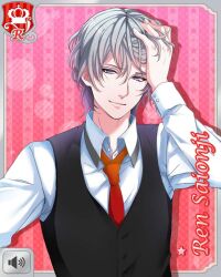  1boy black_vest boyfriend_(kari) card_(medium) character_name grey_eyes grey_hair hair_between_eyes hand_in_own_hair male_focus necktie official_art red_necktie saionji_ren_(boyfriend_(kari)) smile solo upper_body urumiya_ruka vest 