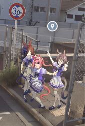  3girls absurdres animal_ears black_hair blue_flower blue_rose blush bow bowtie braid breasts brown_hair closed_eyes crown_braid double_v ear_bow ear_covers fence flipped_hair flower flower-shaped_pupils flower_in_eye glasses google_maps google_street_view hair_over_one_eye hairband haru_urara_(umamusume) hat hat_flower headband high_school_girls_posing_for_google_street_view_(meme) highres horse_ears horse_girl horse_tail long_hair looking_at_viewer meme multiple_girls open_mouth photo_background pink_eyes pink_hair pink_headband pleated_skirt ponytail posing puffy_short_sleeves puffy_sleeves purple_bow purple_bowtie purple_shirt raised_curb red_headband rice_shower_(umamusume) rightman-sensei road_sign rose sailor_collar sailor_shirt school_uniform shirt short_sleeves sidewalk sign skirt smile standing standing_on_one_leg symbol-shaped_pupils symbol_in_eye tactile_paving tail thigh-highs tilted_headwear tracen_school_uniform umamusume v violet_eyes white_sailor_collar white_skirt white_thighhighs zenno_rob_roy_(umamusume) 
